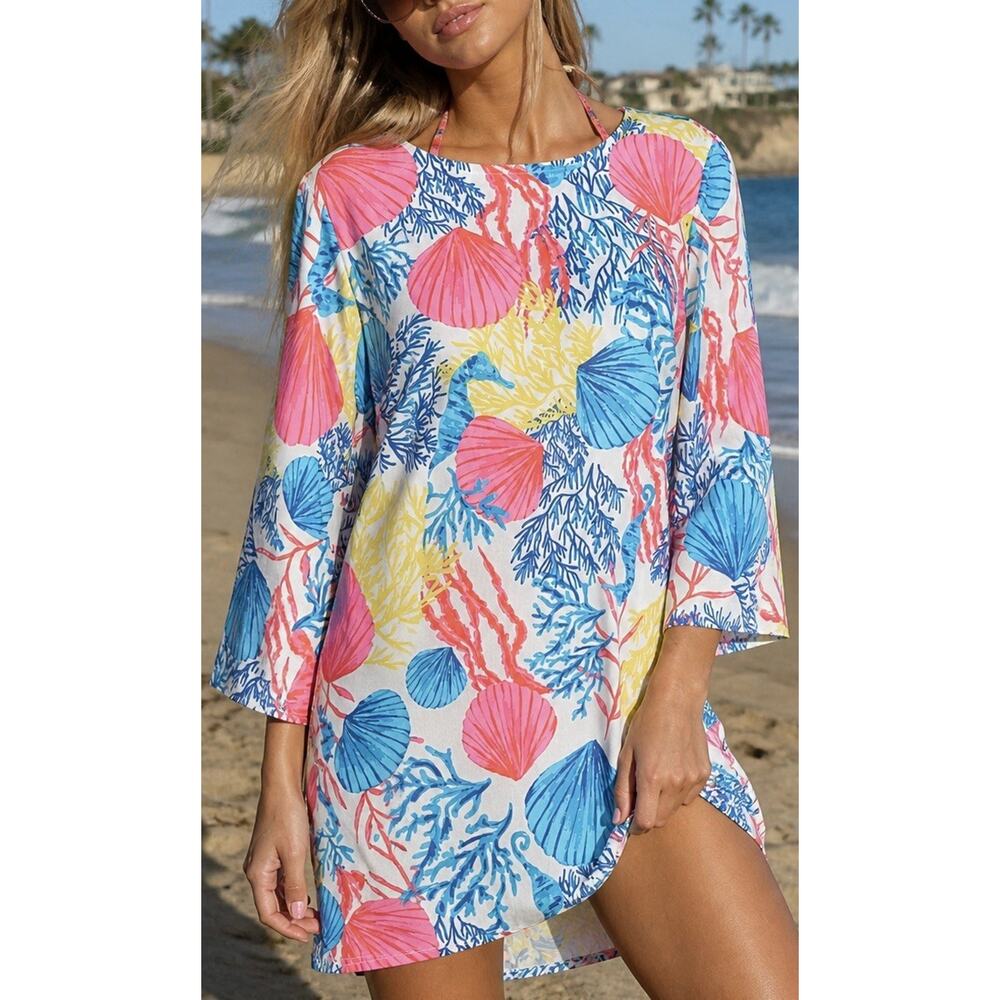 Jason Wu Beach Dress Seashell Print Tunic Cover Up Coral Shift Lilly Top XXS